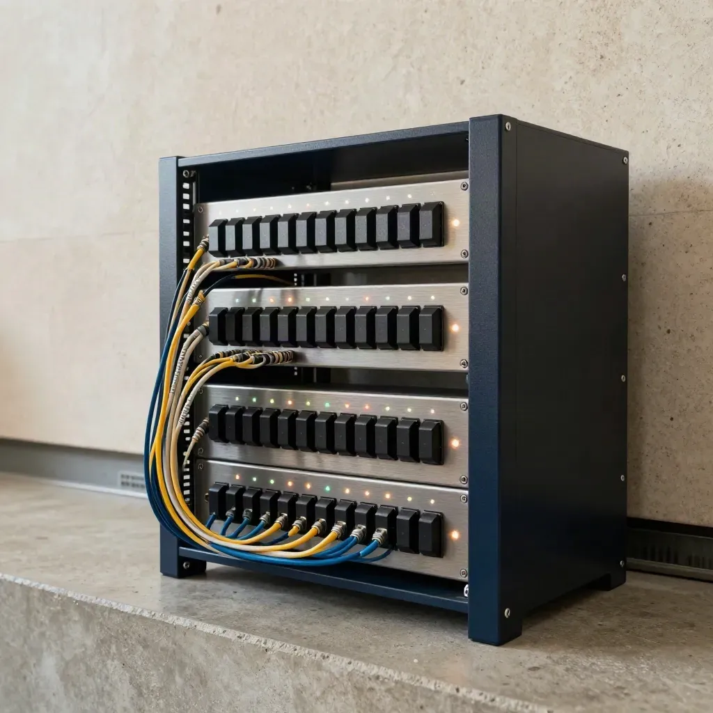 Rack tecnico compatto con switch, gateway e cavi ordinati, LED in sequenza