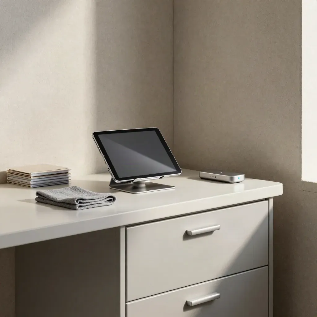 Angolo amministrativo pulito con tablet spento, cassetto chiuso e superfici sanificate per Clinica Verdi.