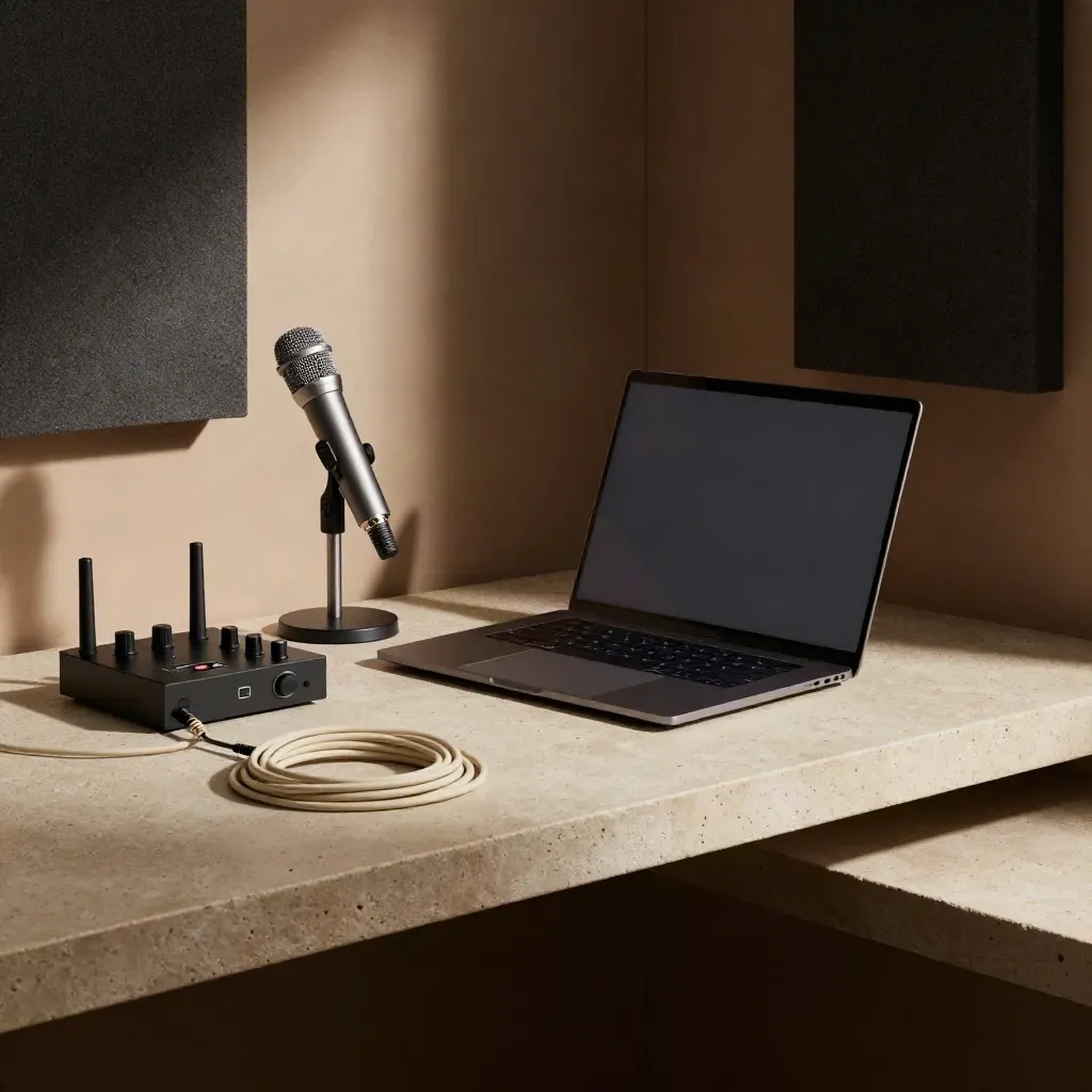 Angolo studio con laptop chiuso, microfono e interfaccia audio pronti su mensola di cemento.