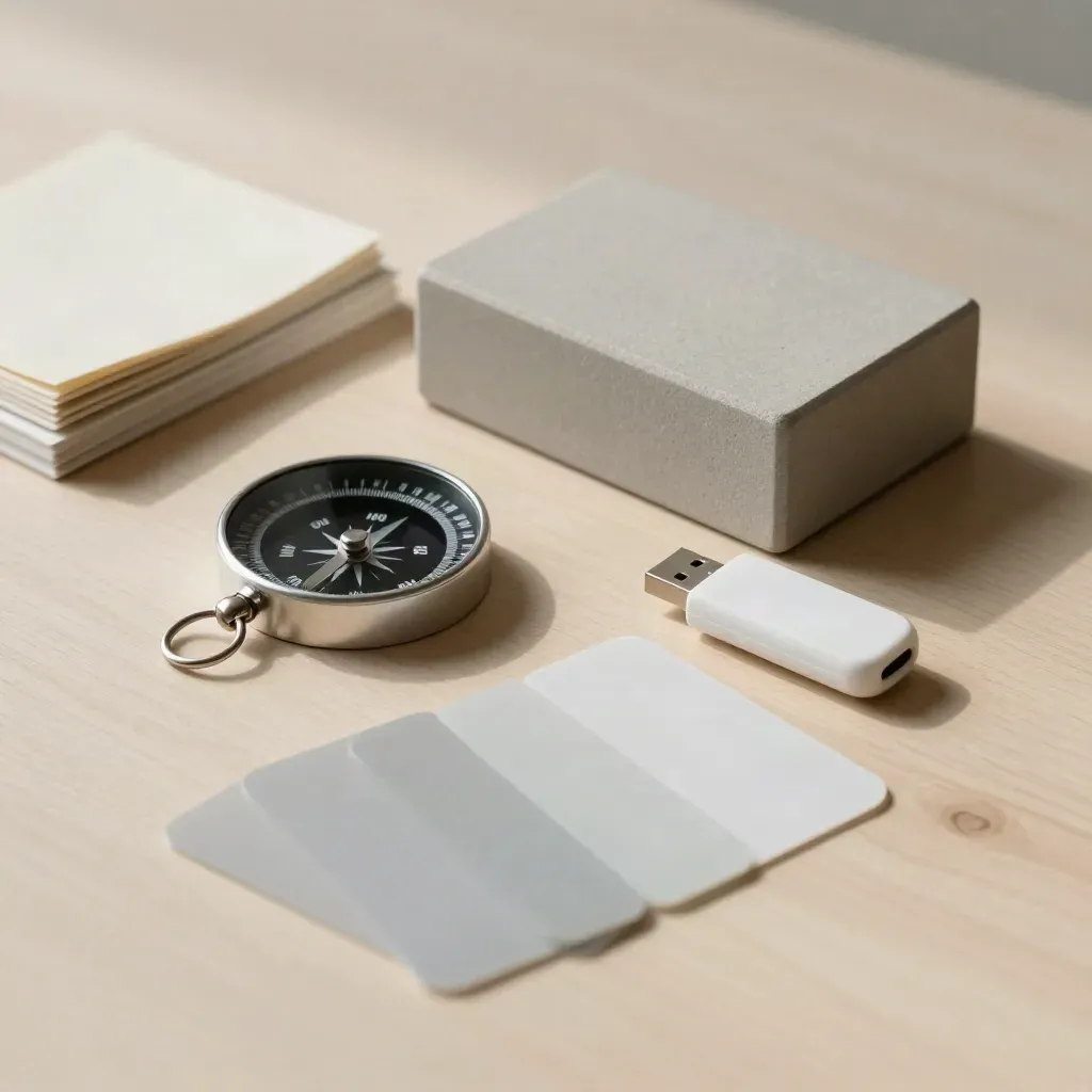 Still life su legno chiaro con blocco, bussola, chiavetta USB e schede opache.