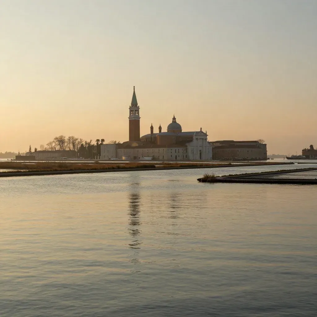 Laguna di Venezia al tramonto con campanile lontano e acqua calma in foschia dorata